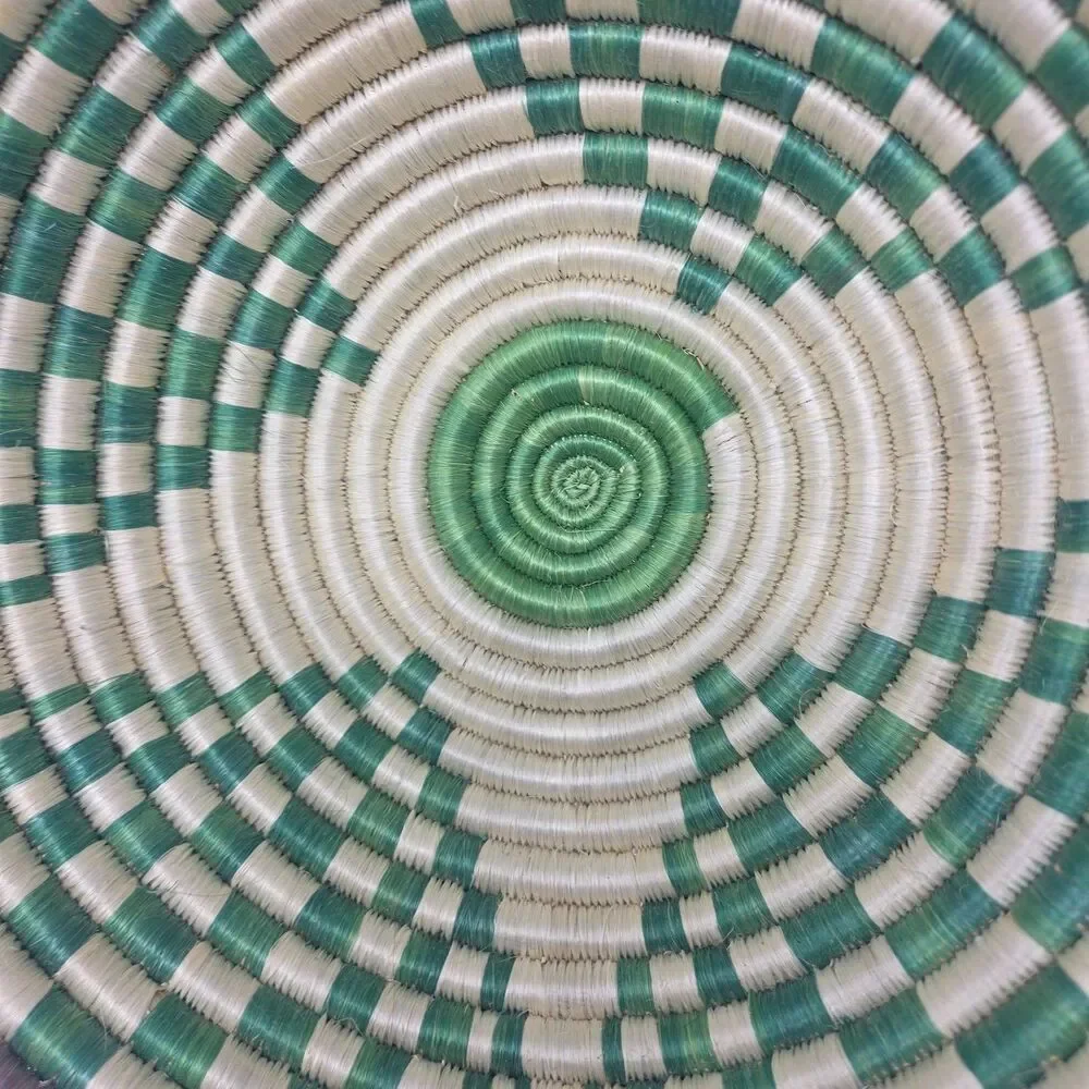 Vintage 11” Woven/Reed Coiled Basket Bowl Wall Green White African